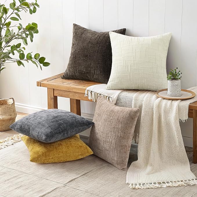 decorUhome Summer Cream White Chenille Throw Pillow Covers 16x16 Set of 2 Textured Soft Cozy Slubby Couch Pillow Covers Modern Farmhouse Boho Decorative Pillow Cases for Bed Sofa Living Room