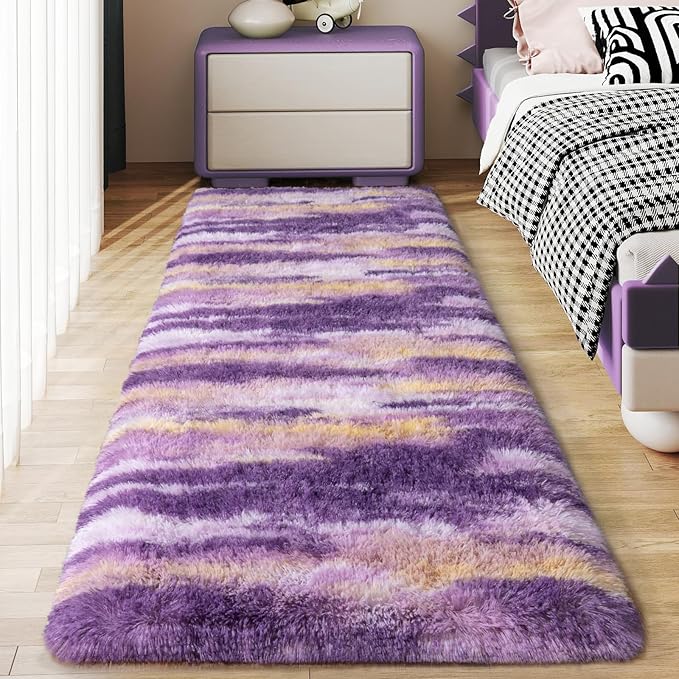 Soft Runner Rugs for Bedroom Hallways, 2x6 Abstract Purple Fluffy Shag Throw Area Rug Non Slip for Bedside Dorm, Long Shaggy Furry Carpet for Nursery Living Room