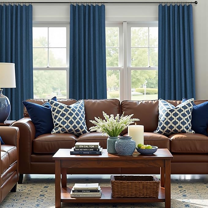 Navy Blue Short Blackout Curtains 54 Inch Length 2 Panels for Bedroom Men Room Decor Darkening Linen Textured Insulated Curtains for Living Room Bathroom Window Dark Navy Midnight Blue Wide 52x54 Long