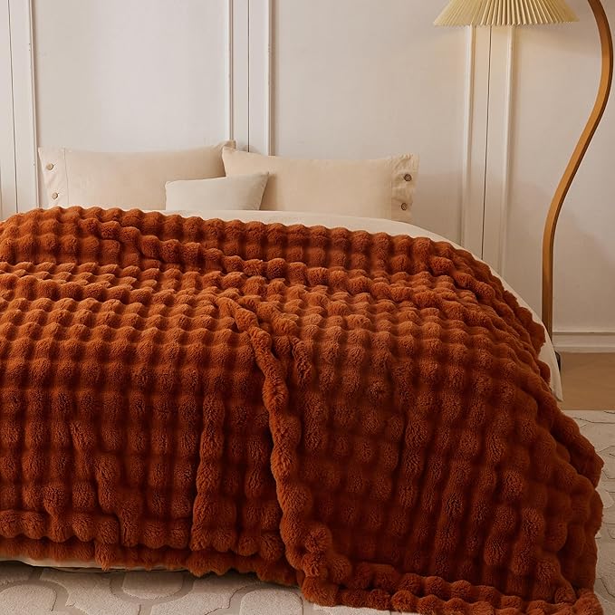 COOVA Faux Fur Throw Blanket for Couch, Cozy Soft and Fuzzy Plush Rabbit Fur Bubble Blanket for Sofa Bedroom Living Room, 50x60 Inches Brown