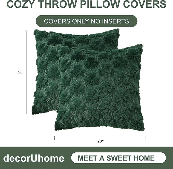 decorUhome St. Patrick’s Day Shamrock Green Pillow Covers 20x20 Inch Set of 2, Soft Plush Faux Wool Throw Pillow Covers, Farmhouse Spring Holiday Decor for Sofa Living Room