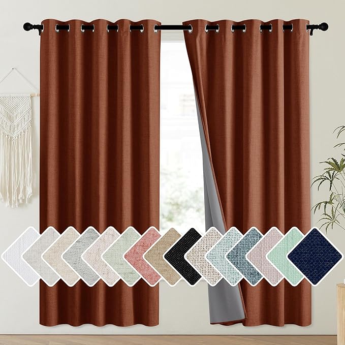 NICETOWN 100% Absolutely Blackout Linen Curtains with Thermal Insulated Liner, 62" Wide, 2 Panels, 63" Long Drapes, Grommet Retro Burnt Orange Linen Curtains Vertical Drapes Privacy for Kitchen