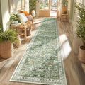 Yamaziot Washable Runner Rug 2x10 – Floral Non Slip Boho Hallway Runner Rug with Rubber Backing, Low Pile Faux Wool Distressed Carpet for Kitchen, Laundry, Bedroom, Entrance, Green