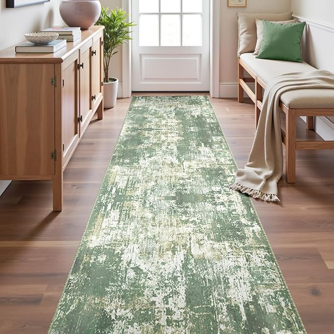 Washable Area Rugs 2'x10' Non-Slip Modern Abstract Soft for Living Room Entryway Bedroom Nursery, Print Pattern, Light Green/Yellow