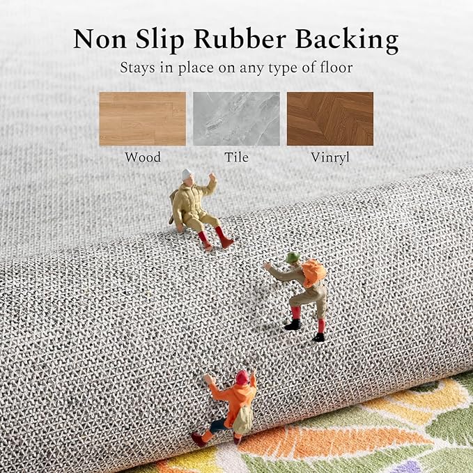 Rugflix 5x7 Washable Area Rug for Living Room, Soft Non Slip Low Pile Carpet, Floral Vintage Stain Resistant Rugs for Bedroom, Dining Room, Home Office, Beige