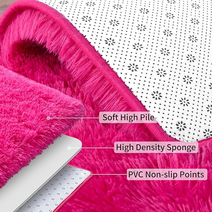 Soft Shag Runner Rugs for Girls Bedroom, 2x6 Hot Pink Fluffy Throw Area Rug Non Slip for Hallways Kids Bedside Dorm, Long Shaggy Furry Carpet for Nursery Living Room