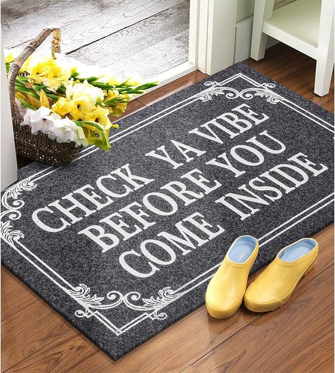 Front Door Door Mat Indoor Outdoor Entrance Doormat Rubber Welcome Door Mat,Check Ya Vibe Before You Come Inside Mats, Anti Slip Easy to Clean Corridor Entry Mat Gray 36" x 24"