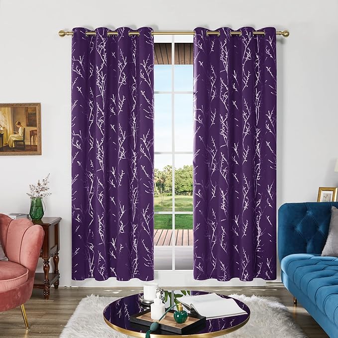 Deconovo Blackout Curtains for Bedroom, Purple Curtain, Thermal Insulated Soundproof Grommet Drapes, Silver Tree Print, 52 x 84 Inch, 2 Panels, Machine Washable Window Panel for Living Room Nursery