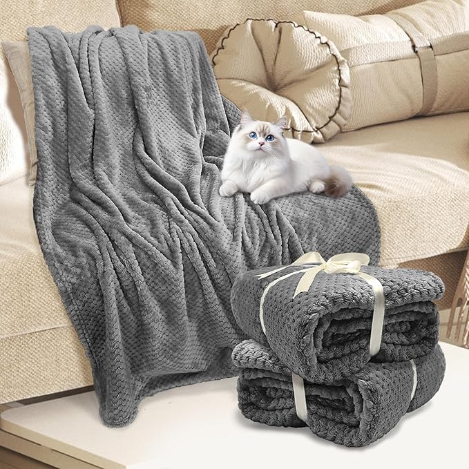4 Pack Fleece Throw Blankets 50x60 Inches - Oeko-Tex Certified 100, 270 GSM Ultra Soft Plush for Bed, Couch and Cozy Gifts. 3D Waffle Texture, No Shedding No Pilling All Season (Dark Gray)