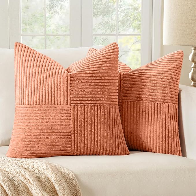 MIULEE Coral Red Decorative Throw Pillow Covers 20x20 Inch for Couch Bed Sofa Pack of 2 Boho Farmhouse Throw Pillows Soft Cross Corduroy Patchwork Textured Cushion Cases