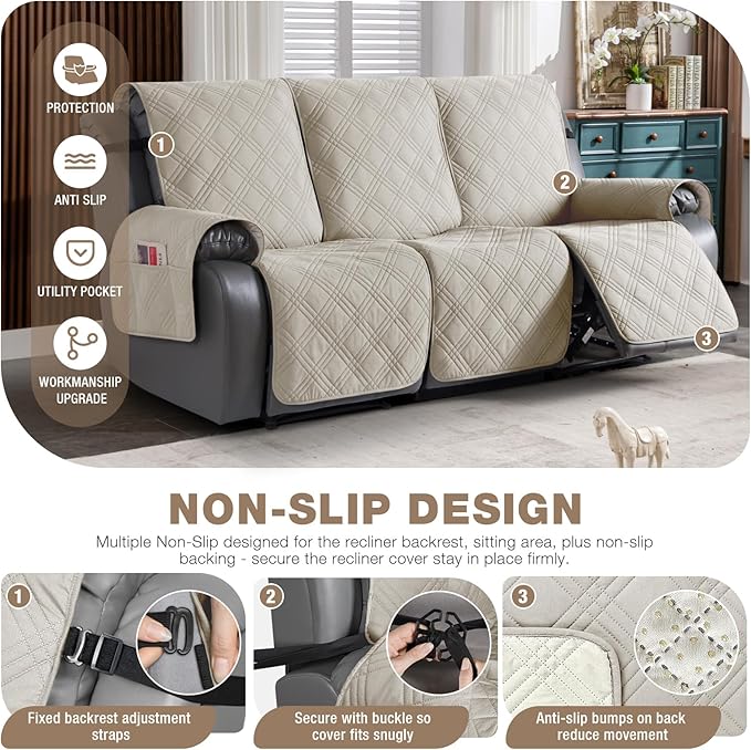 TAOCOCO 100% Waterproof Recliner Sofa Covers 3 Seater Split Couch Covers for 3 Cushion Reclining Couch with Straps, Non Slip Reclining Couch Covers Furniture Protector for Kids Pets(3 Seater, Cream)