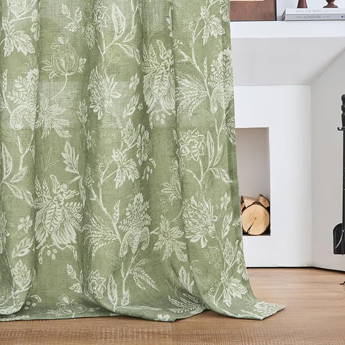 jinchan Linen Floral Curtains for Living Room with Printed Flower 84 Inches Long Light Filtering French Country Back Tab Rod Pocket Sage Green Window Curtain Set Farmhouse Drapes 2 Panels