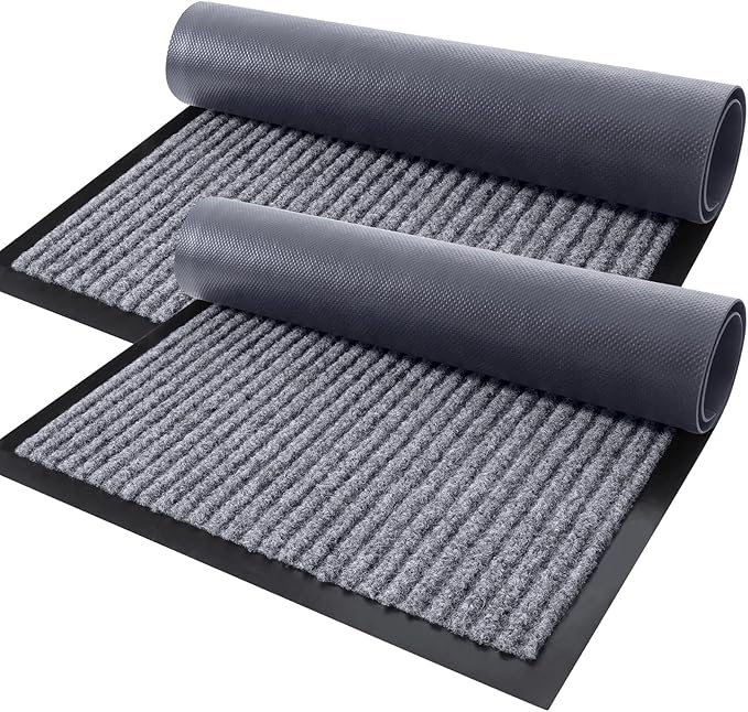 OLANLY Front Door Mat Indoor Outdoor Entrance, 2-Pack 29.5 x 17 Inch, Waterproof Heavy Duty Doormat, Fade Resistant, Low Profile, Easy Clean Patio Porch Welcome Floor Mats for Entry, Light Gray