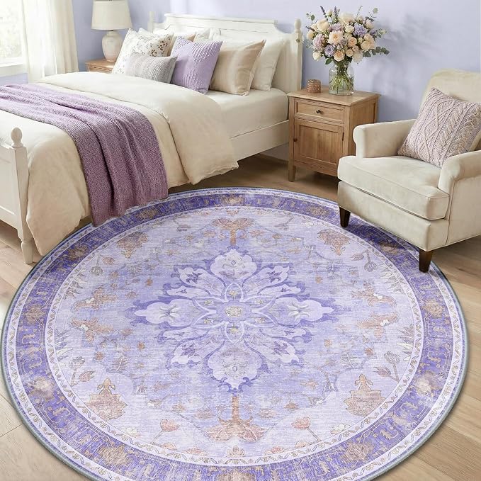 Area Rugs 6ft Washable Non-Slip, Floral Vintage Distress Print Pattern Medallion Carpet for Living Room Bedroom Dining Room, Light Purple Brown