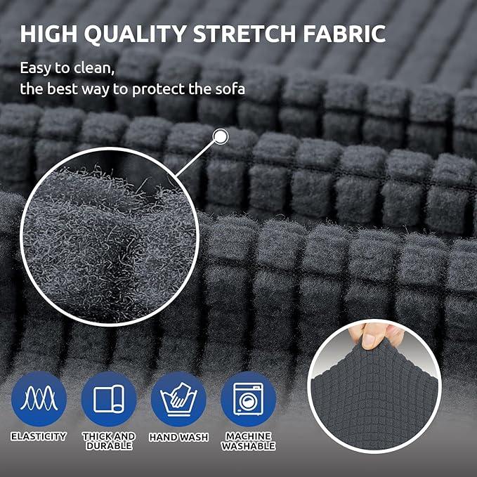 KEKUOU Stretch Sofa Cover Slipcover ，Couch Covers for 3 Cushion Couch Sofa pet Friendly (78"-94") Furniture Protector Sofa with Elastic Bottom for Kids,Dog, Jacquard Small Checked(Large,Charcoal)