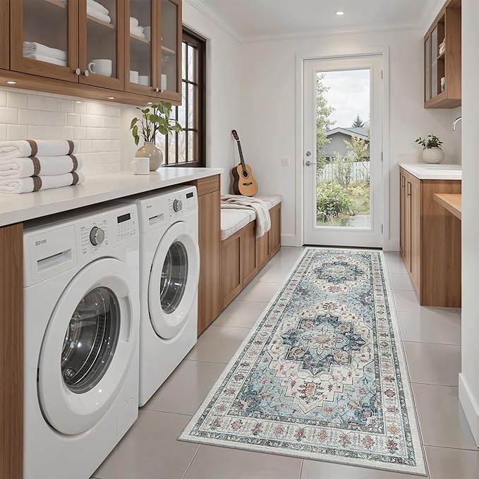Madane Blue Runner Rug, 2x5, Low-Pile, Non-Slip, Washable, Stain Resistant, Retro, Machine-Made, Microfiber, Floral, Kitchen, Living Room, Bedroom, Laundry Room