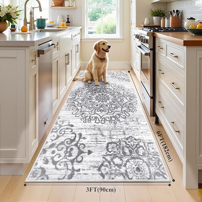 HEBE Washable Area Rug - 3'x6' Non Slip Soft Distressed Medallion Bedroom & Living Room Accent Throw Vintage Entry Floor Carpet for Dining Room & Bathroom Entryway
