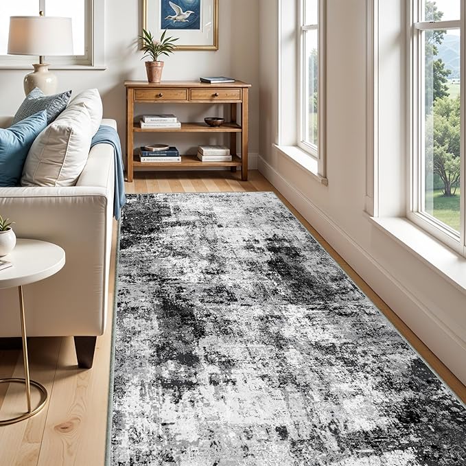 5x12 Runner Rug for Wide Hallway: Long Washable Runners for Entryway Living Room Dining Room - Stain and Water Resistant Rugs with Non-Slip Backing - Soft Low-Pile Carpet Black Grey
