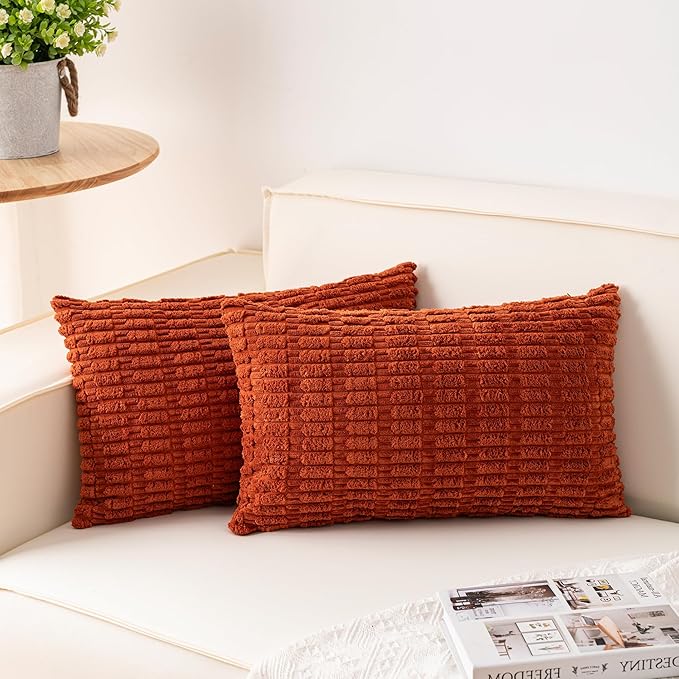 Pack of 2 Corduroy Decorative Throw Pillow Covers 12x20 InchSoft Boho Striped Pillow Covers Modern Farmhouse Home Decor for Sofa Living Room Couch Bed（Rust）