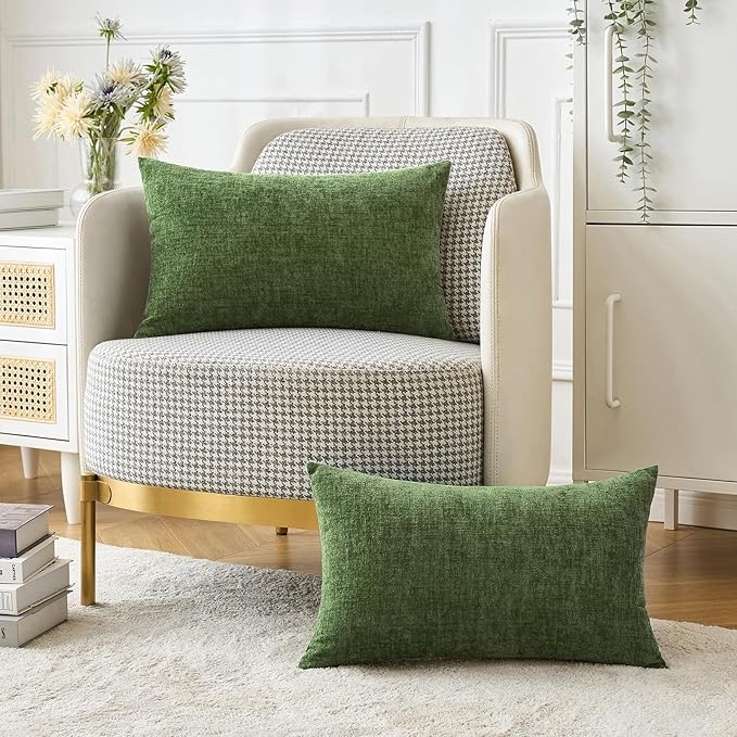 MIULEE Pack of 2 Couch Throw Pillow Covers 12x20Inch Soft Moss Green Spring Chenille Lumbar Pillow Covers for Sofa Living Room Solid Dyed Cases