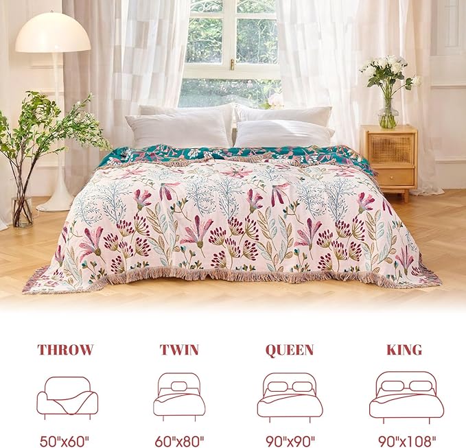 MSGKV Boho Throw Blanket for Couch 50"x60" Floral 100% Cotton Blanket Spring Breathable Lightweight Farmhouse Flower Blankets for Sofa Home Decor Muslin All Seasons