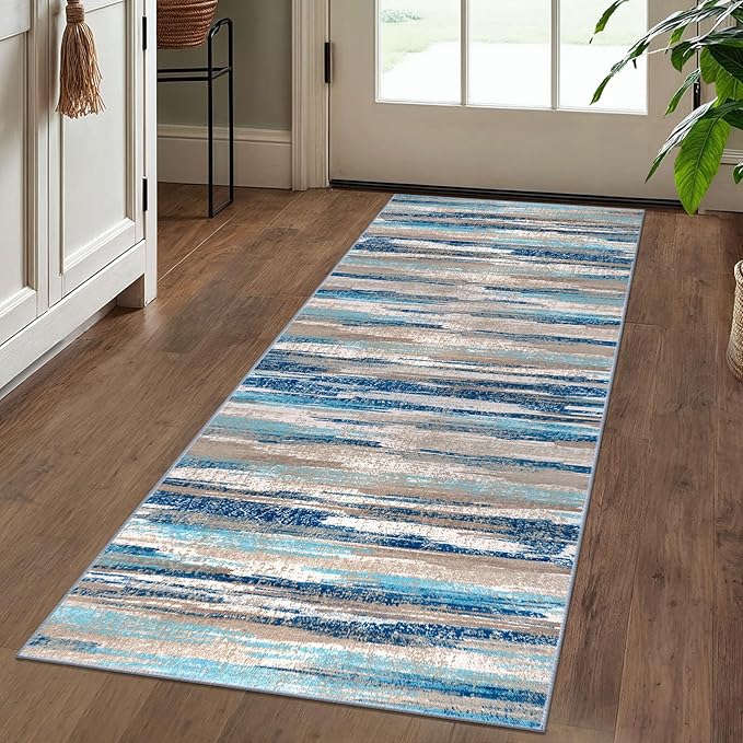 Lansny Modern Abstract Runner Rug 2x5, Blue Washable Entryway Kitchen Runner Non-Slip Soft Hallway Rug Runner Thin Print Faux Wool Carpet for Bedroom Laundry Room Indoor