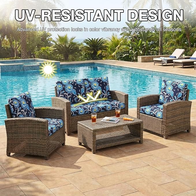hyha 4Pcs Patio Cushion Covers, Stretch Outdoor Couch Cushion Covers Replacement, Washable Outdoor Chair/Sofa Slipcovers for Patio Furniture Cushions Protector with Elastic Bottom(Bluebell,Cover Only)