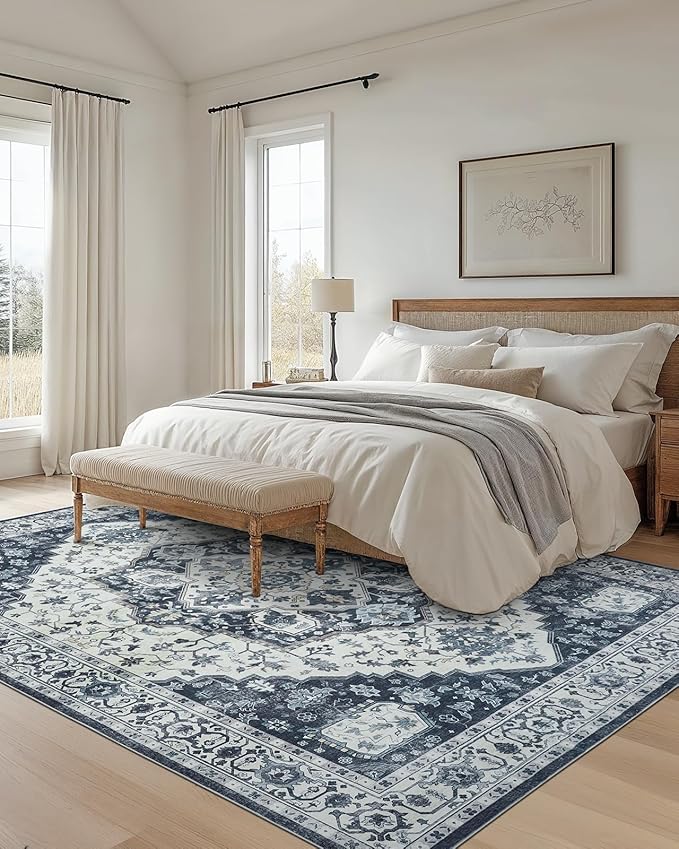 AMADA HOMEFURNISHING 8x10 Area Rug, Washable Low-Profile Large Area Rug with Non-Slip Backing & Durable Edge Binding, Vintage Large Rugs for Living Room, Bedroom