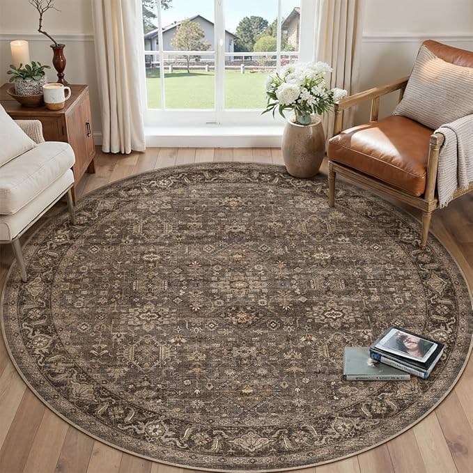 6x6 Washable Round Rug for Living Room Bedroom Vintage Brown Carpet Soft Low Pile Traditional Retro Non Slip Cirlce Rug for Dining Room Entryway Indoor Dorm Kitchen
