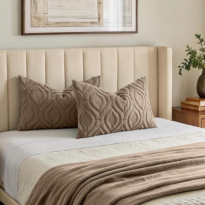decorUhome Throw Pillow Covers 12x20 Inch Set of 2, Soft Plush Faux Wool Light Brown Solid Couch Pillow Covers, Accent Farmhouse Neutral Rectangle Pillow Cases for Sofa Bed Living Room