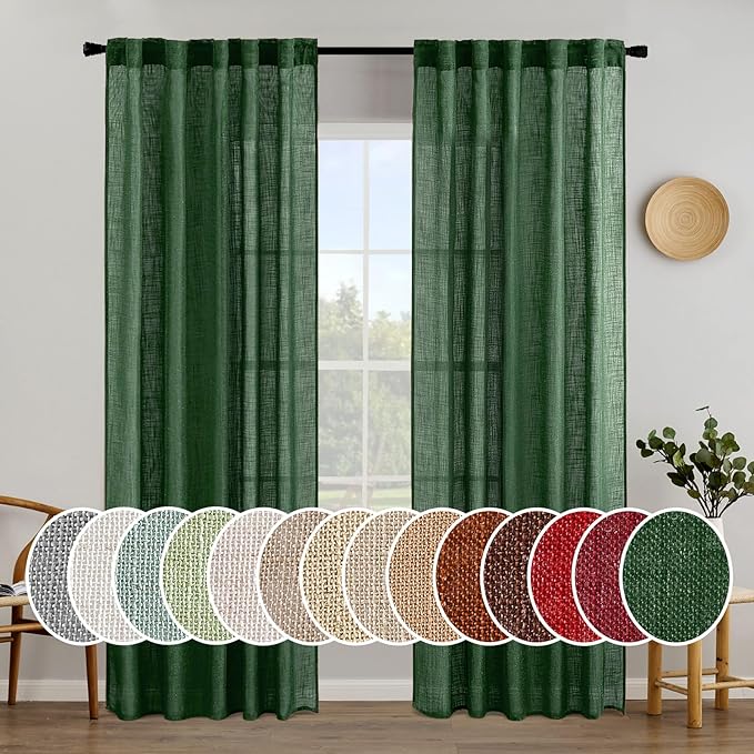 MIULEE Emerald Green Linen Curtains 84 Inch Length for Bedroom Living Room, Soft Thick Linen Textured Window Drapes Semi Sheer Light Filtering Back Tab Rod Pocket Burlap Look Christmas Decor, 2 Panels