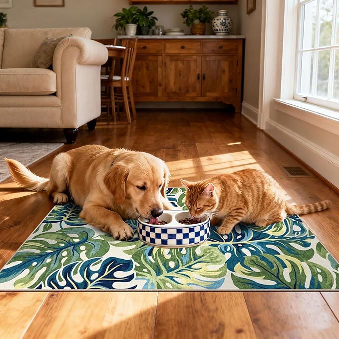 Boho Outdoor Rug - 28" x 43" Front Door Mat Indoor Outside Entrance Non-Slip Washable Outdoor Mat Tropical Green Blue Leaf Rug for Entryway Kitchen Bedroom Layered Doormat for Front Porch