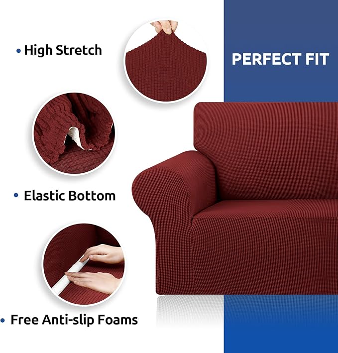 KEKUOU Stretch Sofa Cover Slipcover ，Couch Covers for 3 Cushion Couch Sofa pet Friendly (78"-94") Furniture Protector Sofa with Elastic Bottom for Kids,Dog, Jacquard Small Checked(Large,Dark Red)
