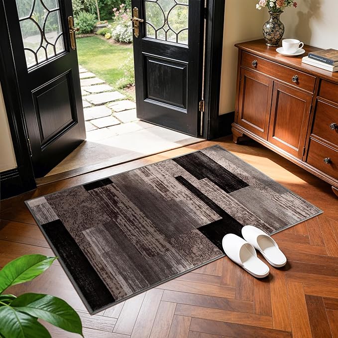 2x3 Washable Entryway Rug,Non-Slip Indoor Door Mat with Vintage Checkered Pattern, Stain & Water Resistant Faux Wool Low Pile for Front Door,Hall,Kitchen,Bathroom - Easy Clean(2x3,Chocolate)