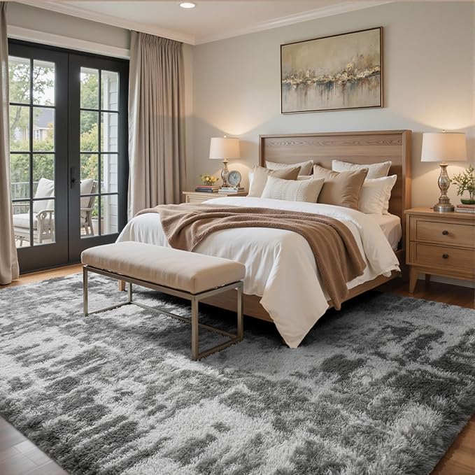 Shag Rugs for Bedroom Living Room, Tie-Dyed Ultra Soft Fluffy Furry Area Rugs for Indoor Floor, Aesthetic Carpet for Kids Home Decor,4x6 Ft Grey