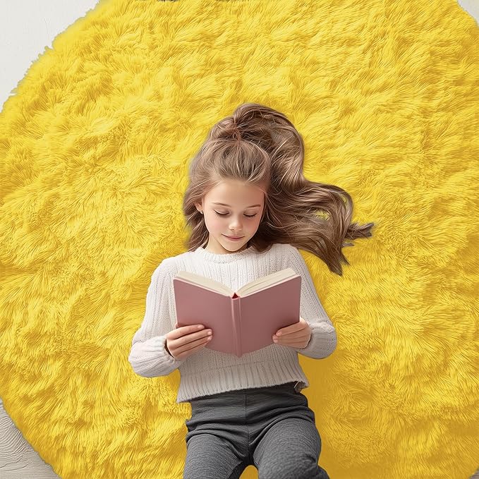 OLANLY Yellow Round Rugs for Bedroom - Machine Washable, 5 ft Circle Area Rugs for Living Room, Soft and Fluffy Shaggy Carpet for Teen Girl and Boys, Nursery Rooms, Dorms, Home Decor Aesthetic