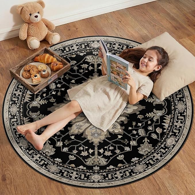 Area Rugs 4ft Washable Non-Slip, Floral Vintage Distress Print Pattern Medallion Carpet for Living Room Bedroom Dining Room, Black Brown Neutral Dark Tan