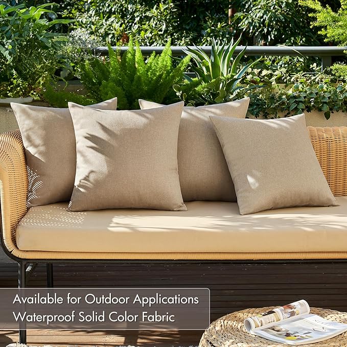 MIULEE Pack of 4 Decorative Outdoor Throw Pillow Covers Linen Waterproof Pillow Covers Farmhouse Cushion Cases for Patio Garden Tent Balcony Couch Sofa 16x16 inch Light Tan