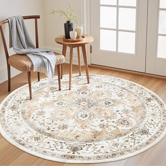 AMADA HOMEFURNISHING Round 5ft Area Rugs, Low-Profile Washable Rug with Non-Slip Backing & Durable Edge Binding, Vintage Rugs for Living Room, Bedroom, Dinning Room