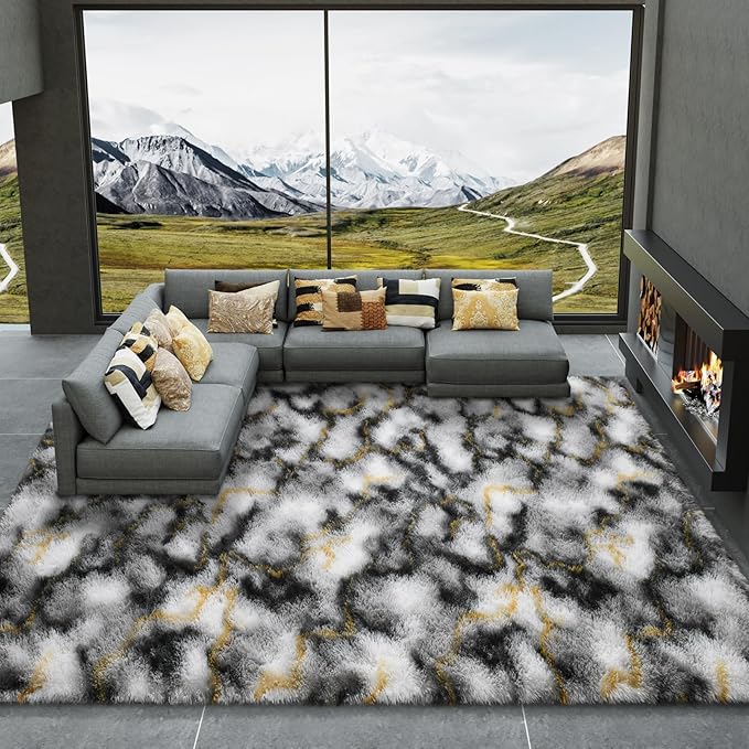 LOCHAS Ultra Soft Indoor Modern Area Rugs Fluffy Living Room Carpets for Children Bedroom Home Decor Nursery Rug 6x9 Feet, Grey-Gold