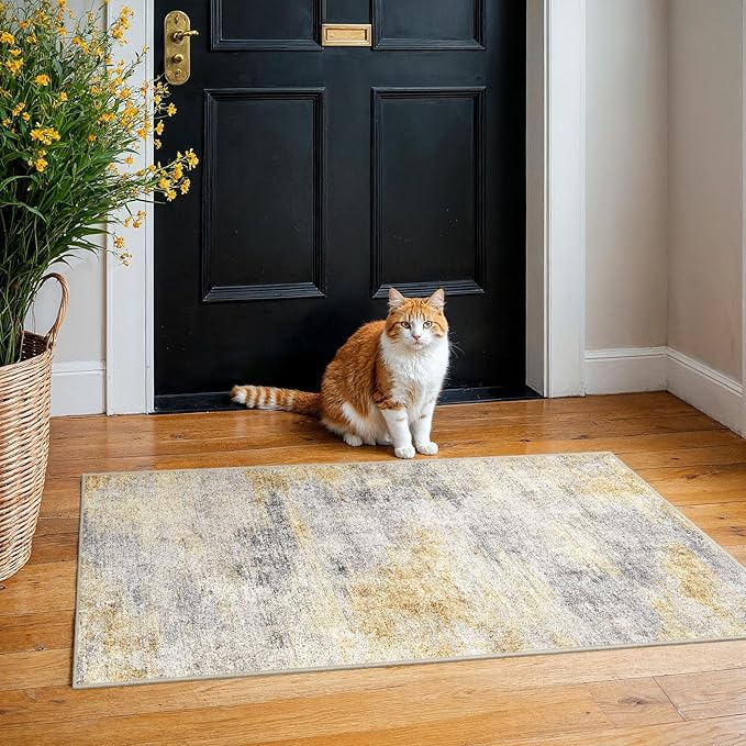 2x4 Washable Entryway Runner Rug: Abstract Small Area Rug Soft Non Slip Door Mat for Hallway Low Pile Thin Stain Resistant Floor Carpet for Kitchen Bedroom Bathroom Bedside Indoor(2x4,Grey/Yellow)