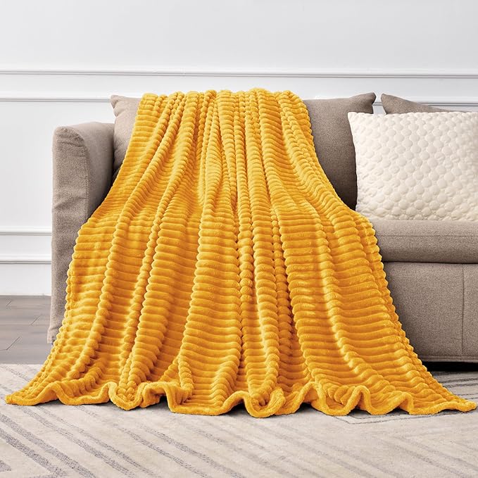 BEDELITE Fleece Throw Blanket for Couch – 3D Ribbed Jacquard Soft and Warm Decorative Fuzzy Blanket – Cozy, Fluffy, Plush Lightweight Mustard Yellow Throw Blankets for Bed, Sofa, 50x70 inches