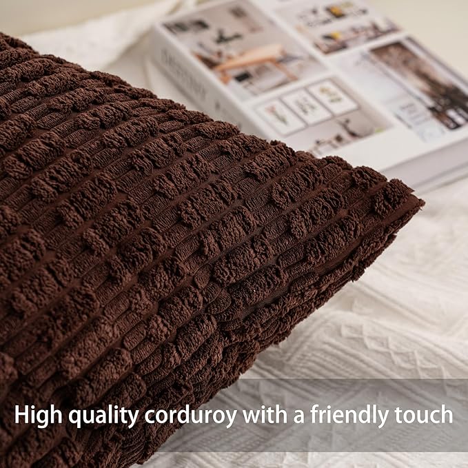 Pack of 2 Corduroy Decorative Throw Pillow Covers 24x24 InchSoft Striped Pillow Covers Modern Farmhouse Home Decor for Sofa Living Room Couch Bed（Dark Brown）