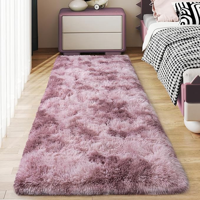 Soft Runner Rugs for Bedroom Hallways, 2x6 Tie-Dyed Grey Purple Fluffy Shag Throw Area Rug Non Slip for Bedside Dorm, Long Shaggy Furry Carpet for Nursery Living Room