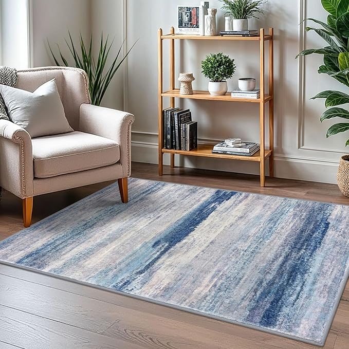 KOZYFLY 3x5 Rug Modern Ombre Living Room Area Rug, Washable Rugs for Bedroom Non-Slip Soft Stain Resistant Striped, Print Blue/Grey/Beige Abstract Carpet for Living/Laundry/Kid Room