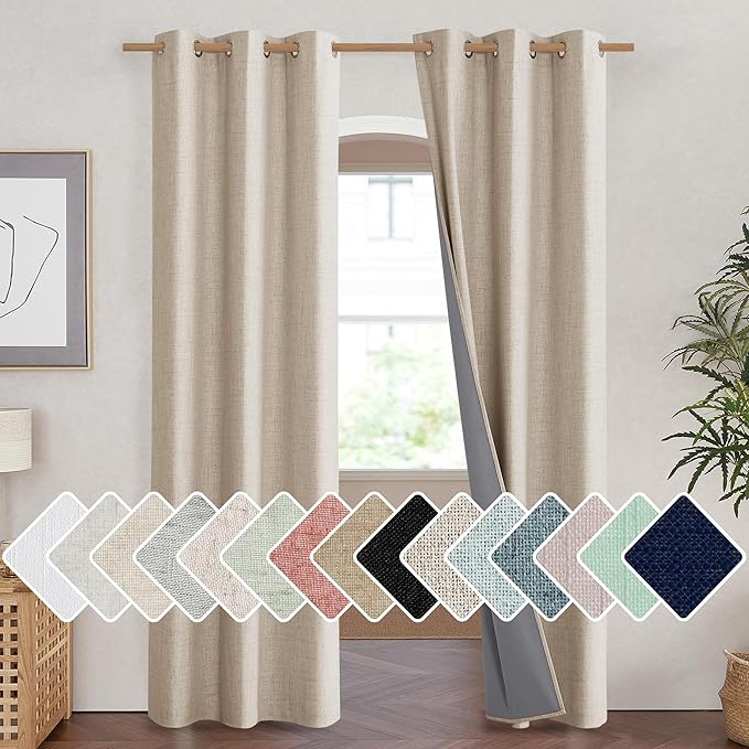 NICETOWN Cream 100% Blackout Linen Curtains 90 inch Long Burg for Living Room, 1 Pair, 42" Width Each Panel, Farmhouse Thick Completely Blackout Window Treatment Thermal Insulated Drapes