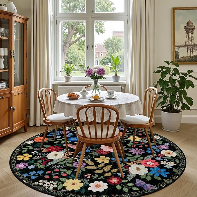 Round Area Rug for Living Room: 6 ft Floral Washable Circle Rug Soft Boho Non-Slip Carpet Indoor Stain Resistant Low Pile Small Circular Rug for Bedroom Entryway Kitchen Nursery Home Office Black