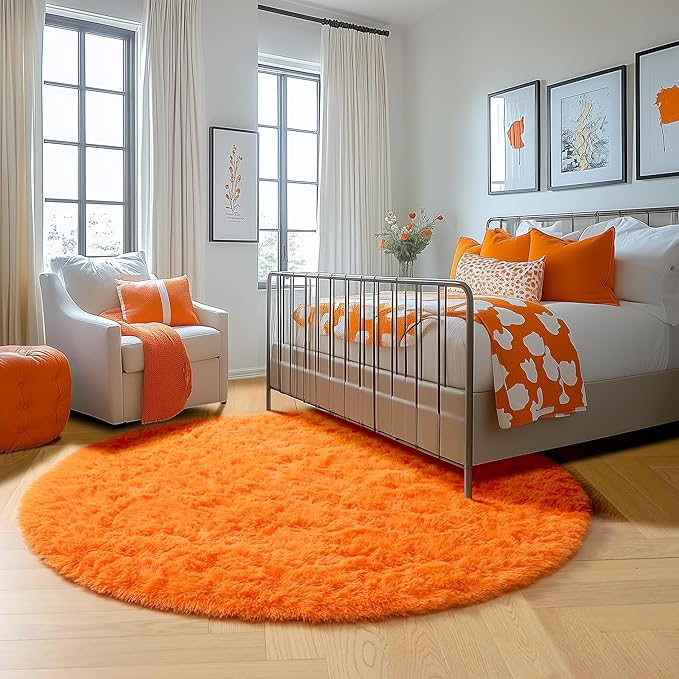 Amdrebio Orange Round Circle Rug 5Ft for Bedroom Living Room, Fluffy Fuzzy Shaggy Area Rugs for Kids Room Decor Aesthetic, Cute Furry Plush Shag Carpet for Baby Nursery Dorm Playroom, Teen Girls Boys