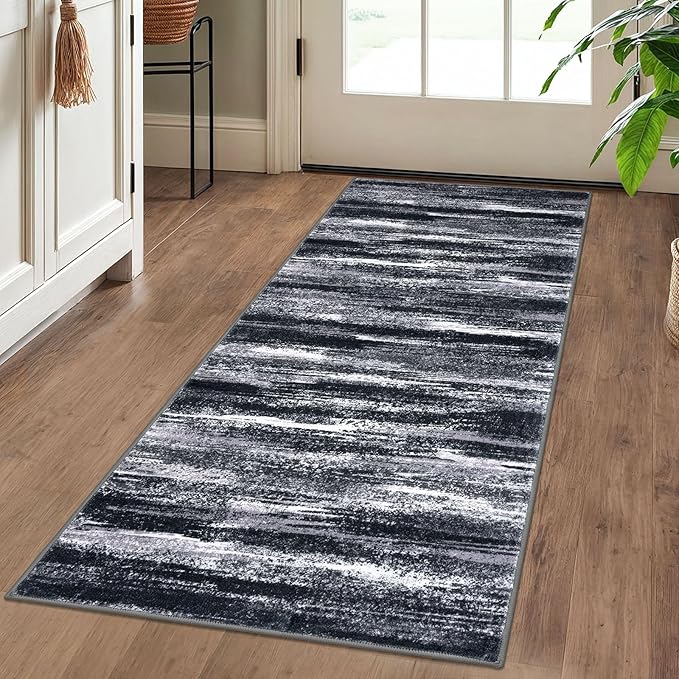 Lansny Modern Abstract Runner Rug 2x5, Black Grey Washable Kitchen Runner Entryway Rug Mat Non-Slip Soft Hallway Rug Runner Thin Print Faux Wool Carpet for Bedroom Laundry Room Indoor