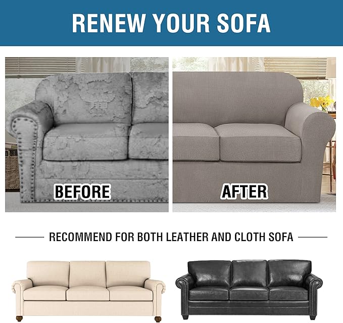 H.VERSAILTEX 4 Piece Stretch Sofa Covers for 3 Cushion Couch Covers for Living Room Furniture Slipcovers (Base Cover Plus 3 Seat Cushion Covers) Upgraded Thicker Jacquard Fabric (XL Sofa, Taupe)